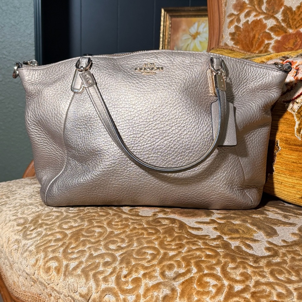 Coach Metallic Champagne Pebbled Leather Tote Bag with crossbody strap
